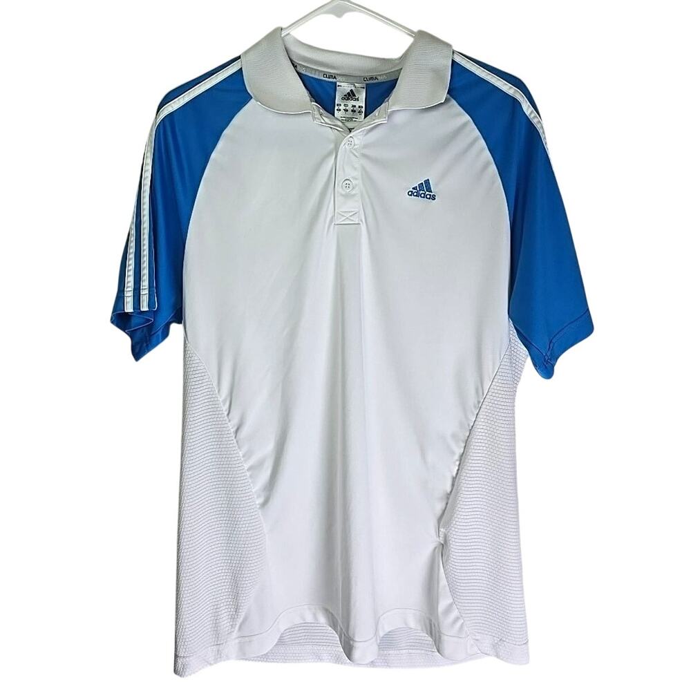 ADIDAS Polo Shirt Clima Lite Mens Medium White Blue Golf Soccer Business Casual
